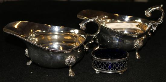 Pair of silver gravy boats & salt